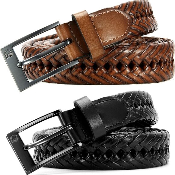 Leather Braided Belts for Men 2 Pack - 1 1/8" Leather Belts in Package Box - Ver - Picture 4 of 6